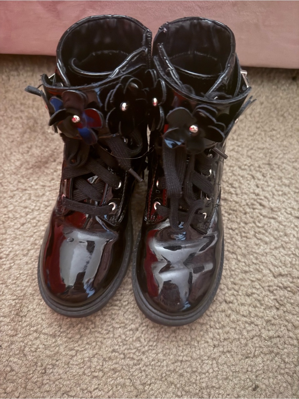 Kids Black Patent Lace-Up Boots with Flower Accent